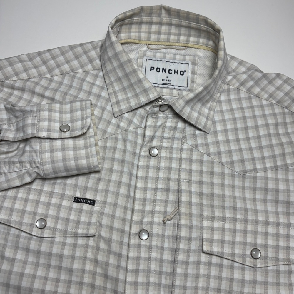 Poncho Slim Fit Western Pearl Snap Mens S Tan Plaid Outdoors Shirt